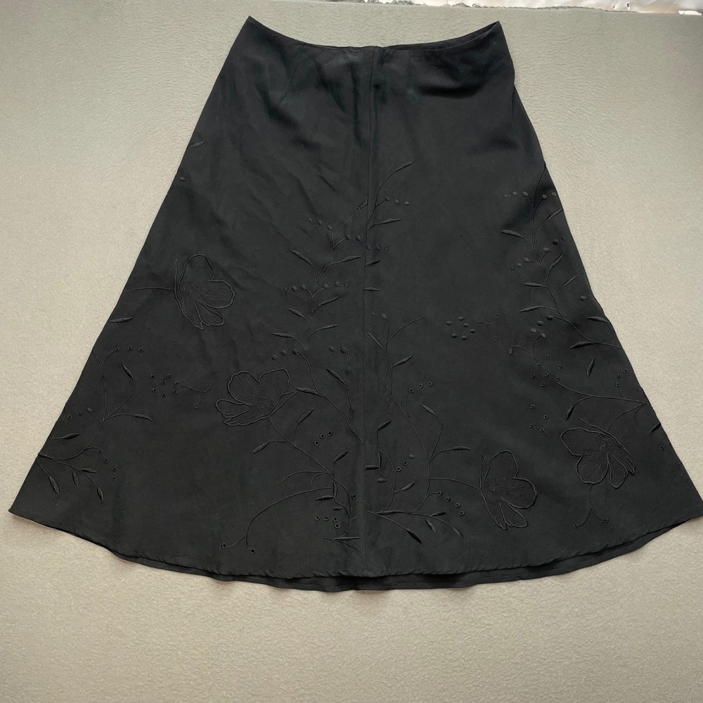 Hillard & Hanson Women Skirt Silk Linen Y2K Black Floral Embroidered Midi A-Line
